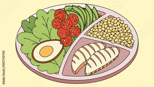 Balanced meal with vegetables, protein and grains representing nutrition, healthy eating and diet concept in clean flat vector style.