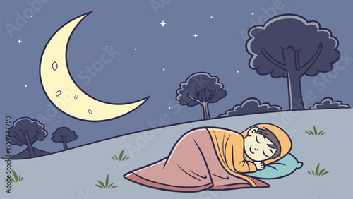 Person sleeping outdoors under moonlight symbolizing rest, relaxation and healthy sleep routine. Calm minimalist vector for wellness concepts.
