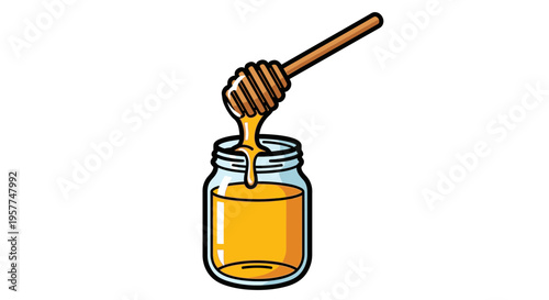 Honey dripping from dipper into jar.