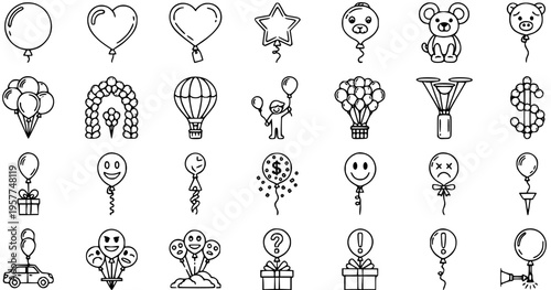 Balloons and Celebration Doodles Black  White Line Art Icons Set for Party, Event, and Marketing Graphics