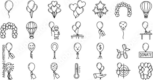 Hand-Drawn Black  White Line Art Balloons Icon Set for Celebrations, Parties, Events, Marketing, and Fun Design Elements