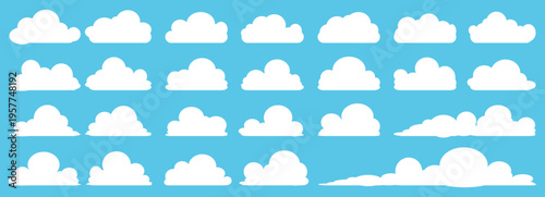 set of vector illustrations of clumpy clouds, cloud bubbles in flat style on a blue background	