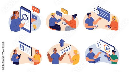 Digital Communication, Online Support & Customer Service Vector Set
