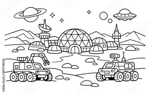 Cartoon space colony with rovers and UFOs on a distant planet landscape