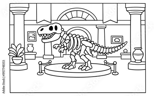 Cartoon dinosaur skeleton displayed in a museum exhibit with ancient artifacts