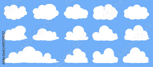 set of vector illustrations of clumpy clouds, cloud bubbles in flat style on a blue background	

