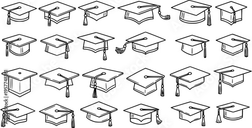 Black and White Line Art Graduation Caps Collection, Education and Study Concept