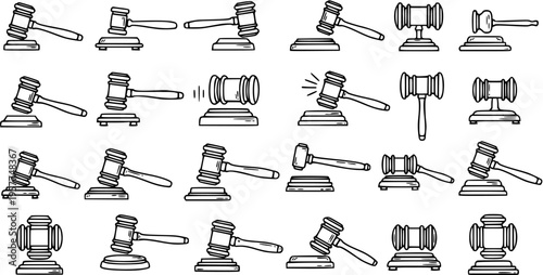 Law Gavel Black and White Line Art Vector Icons Set - Justice Symbol