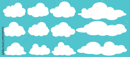 set of vector illustrations of clumpy clouds, cloud bubbles in flat style on a blue background	
