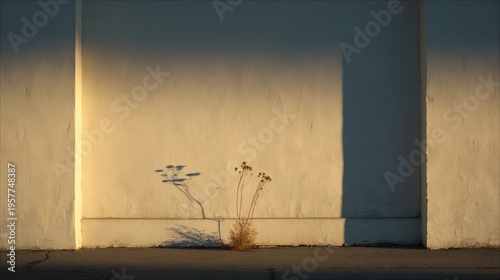 Single Plant Casting a Long Shadow on a Wall in Strong Light During Late Afternoon