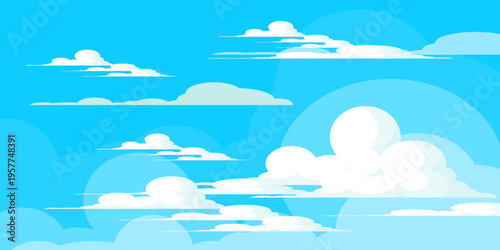 Illustration of a blue sky with white clouds in a flat style. Blue sky background and white clouds. Cartoon sky	