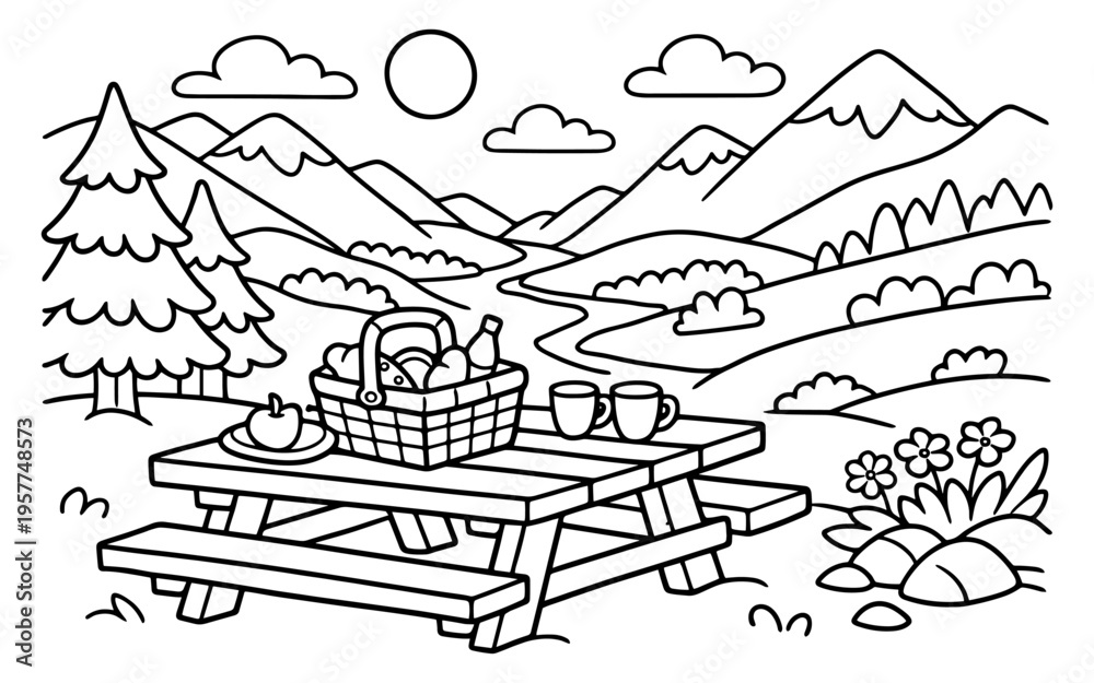 Obraz premium Outdoor picnic scene with a basket of food and drinks set against a mountain landscape
