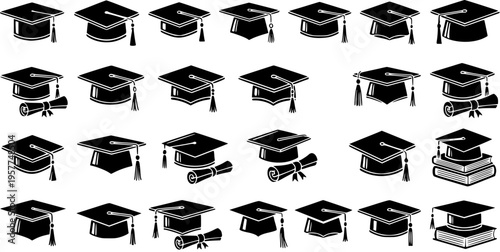 Graduation Caps and Scrolls Black and White Vector Icons Set, Education Symbol