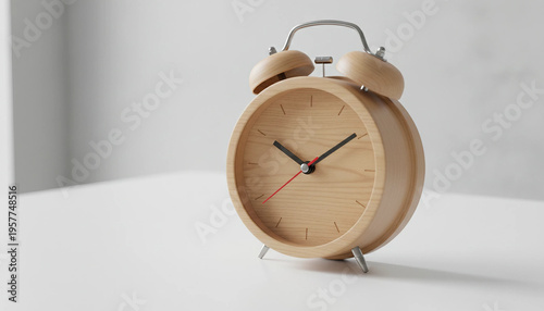 A round wooden alarm clock sits on a white surface with its hands pointing to just after ten o'clock

