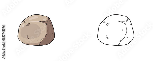 Tuff volcanic rock vector illustrations shown in colored cartoon and black outline linear styles, beige and warm brown mineral tones, representing natural igneous stone on white background