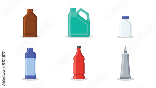 Diverse plastic bottles and containers. Vector illustration of various jugs, tubes, and bottles for liquids, chemicals, and household products.