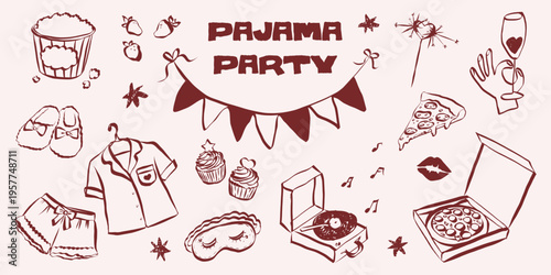 Pajama party doodle set with pizza, music and champagne. Hand sketched bachelorette icons perfect for greeting cards, vintage invitations and fun event designs. Outline whimsical symbols