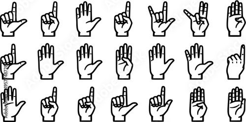 Black and White Line Art Hand Gestures and Numbers, Communication and Education Symbols