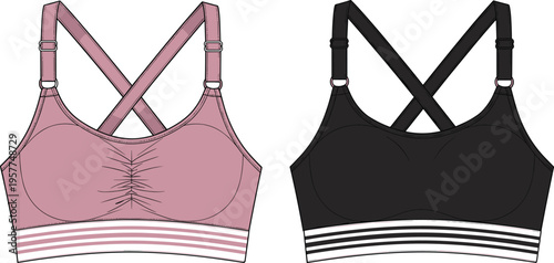 Web"Technical fashion illustration of two sports bras in pink and black color variations, vector design showing ruched front detail, crisscross straps, striped elastic band, 