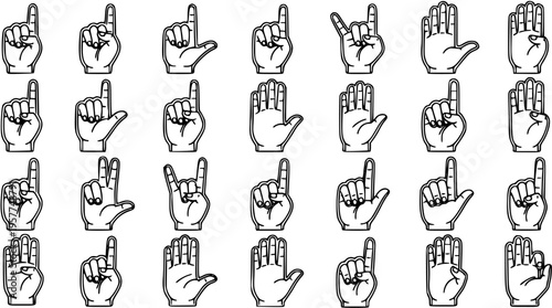 Black and White Line Art Vector Hands for Education and Communication: Counting Numbers 1-5, Peace, Rock-and-Roll, and Other Hand Gestures.