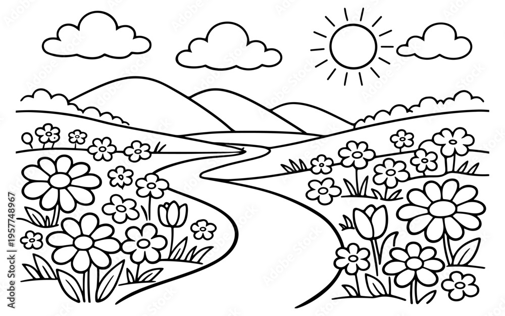 Obraz premium Charming cartoon landscape with a winding path through blooming flowers and rolling hills