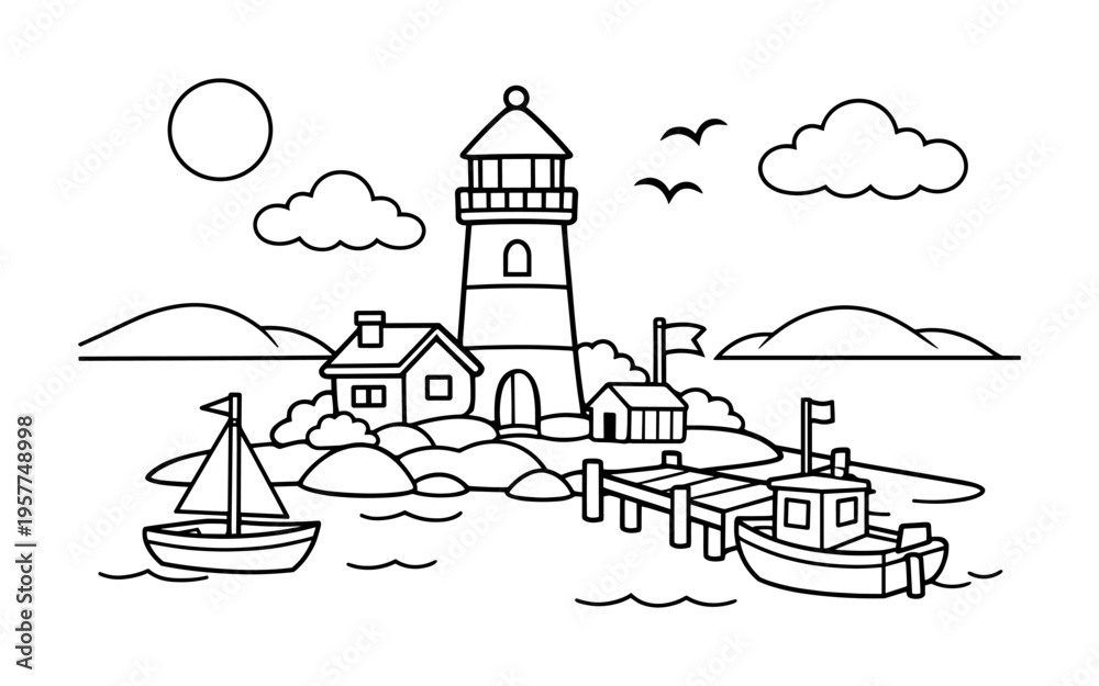 Naklejka premium Charming coastal village scene with a lighthouse, boats, and houses by the sea