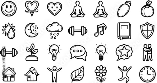 Hand-drawn Black  White Line Art Icons for Wellness, Lifestyle  Self-Care: Featuring Health, Nature, Home, Idea  Happiness Symbols