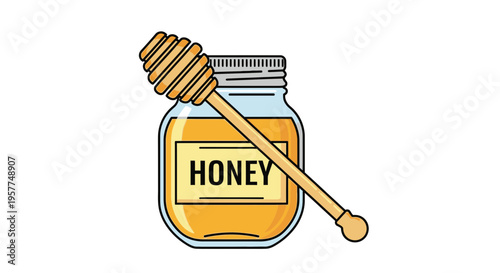 Jar of honey with dipper stick.