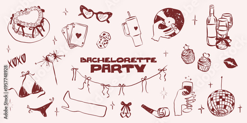 Birthday celebration doodle set with party hats, gifts and champagne. Hand sketched festive icons perfect for greeting cards, vintage invitations and fun event designs. Outline whimsical symbols