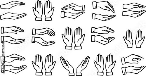 Conceptual Hand Gestures Line Art Icons: Black and White Outline Illustrations of Giving, Receiving, Support, and Care