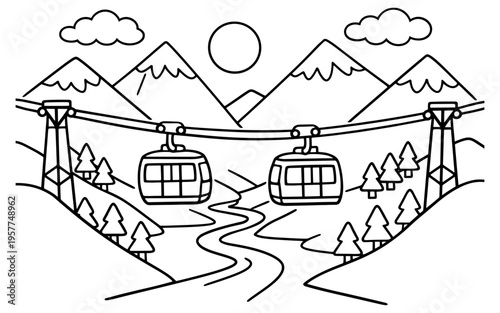 Ski resort cable cars ascend snowy mountains with a winding river below