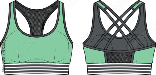 Web"Detailed technical fashion illustration of sports bra front and back views, vector design showing scoop neckline, crisscross straps, striped elastic band, mesh panel, and activewear 