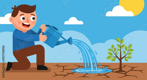 Man Watering Young Green Tree.