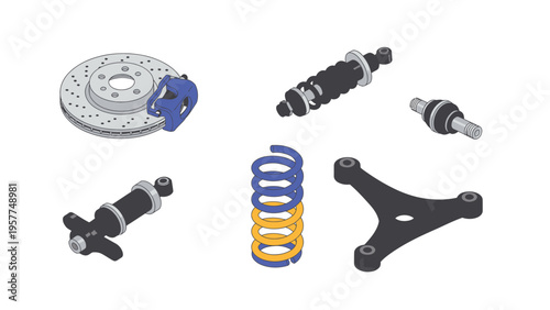 Car Suspension and Brake Parts Isometric Illustration Set