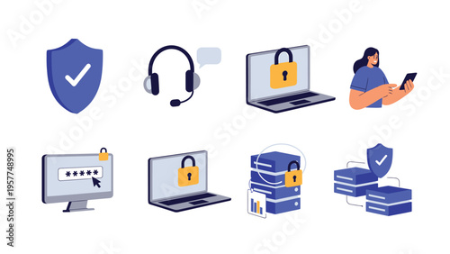 Digital Security and Data Protection Icon Set. Cybersecurity, IT support, online privacy, and network protection illustrations.