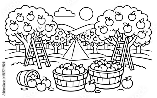 Cartoon apple orchard scene with ladders and baskets full of fruit