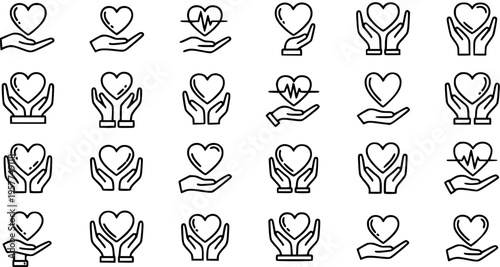 Medical Healthcare Black  White Line Art Icons - Hearts and Hands of Care