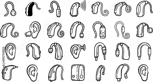 Medical Hearing Aids and Ear Devices Outline Black  White Line Art Icons Set for Audiology and Healthcare Technology