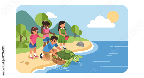 Children Playing With Sea Turtle.