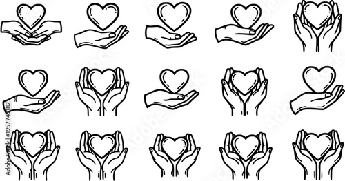 Caring hands holding hearts line art icons, charity and love concept, vector illustrations