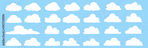 set of vector illustrations of clumpy clouds, cloud bubbles in flat style on a blue background	
