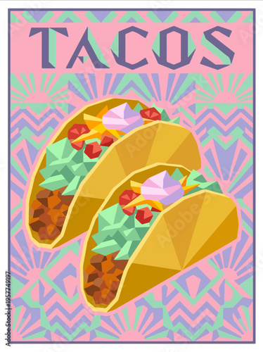 Geometric taco poster with two tacos and patterned background