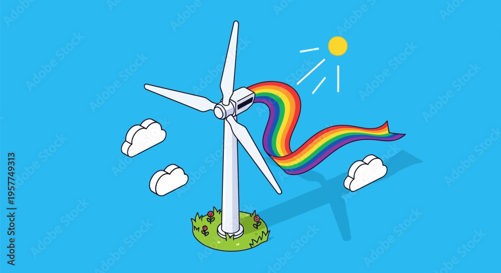 Obraz premium Wind Turbine With Rainbow Cloud.