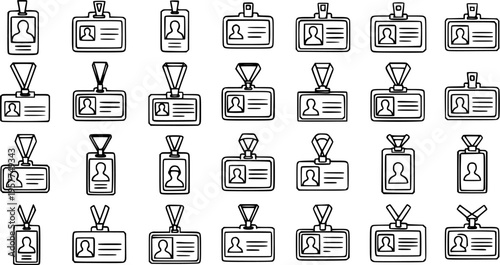 Black and White Line Art Collection of Various ID Badges and Lanyards for Security and Identification