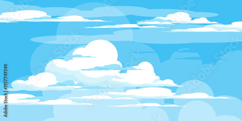 Illustration of a blue sky with white clouds in a flat style. Blue sky background and white clouds. Cartoon sky	
