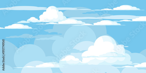 Illustration of a blue sky with white clouds in a flat style. Blue sky background and white clouds. Cartoon sky	