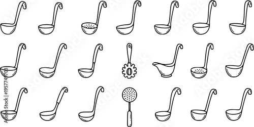 Hand-drawn Black and White Line Art Kitchen Ladles and Utensils Icon Set for Food and Cooking