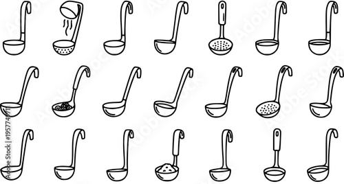 Food and Kitchen Industry Cooking Ladles Black and White Line Art Icons. Hand Drawn Doodle Outline Glyph Collection of Kitchen Utensils and Scoops.