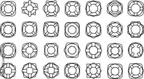 Nautical Safety Lifebuoy and Life Ring Outline Icons Set - Black  White Vector Collection of Rescue Buoys