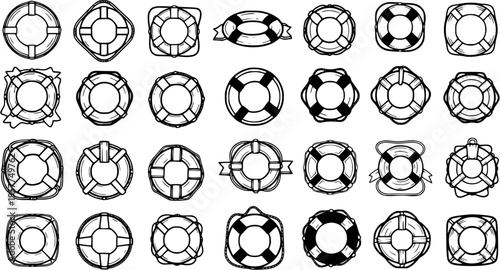 Nautical  Water Safety Lifebuoy Icons Set - Black and White Line Art Vector Collection of Rescue Ring Symbols for Maritime Design